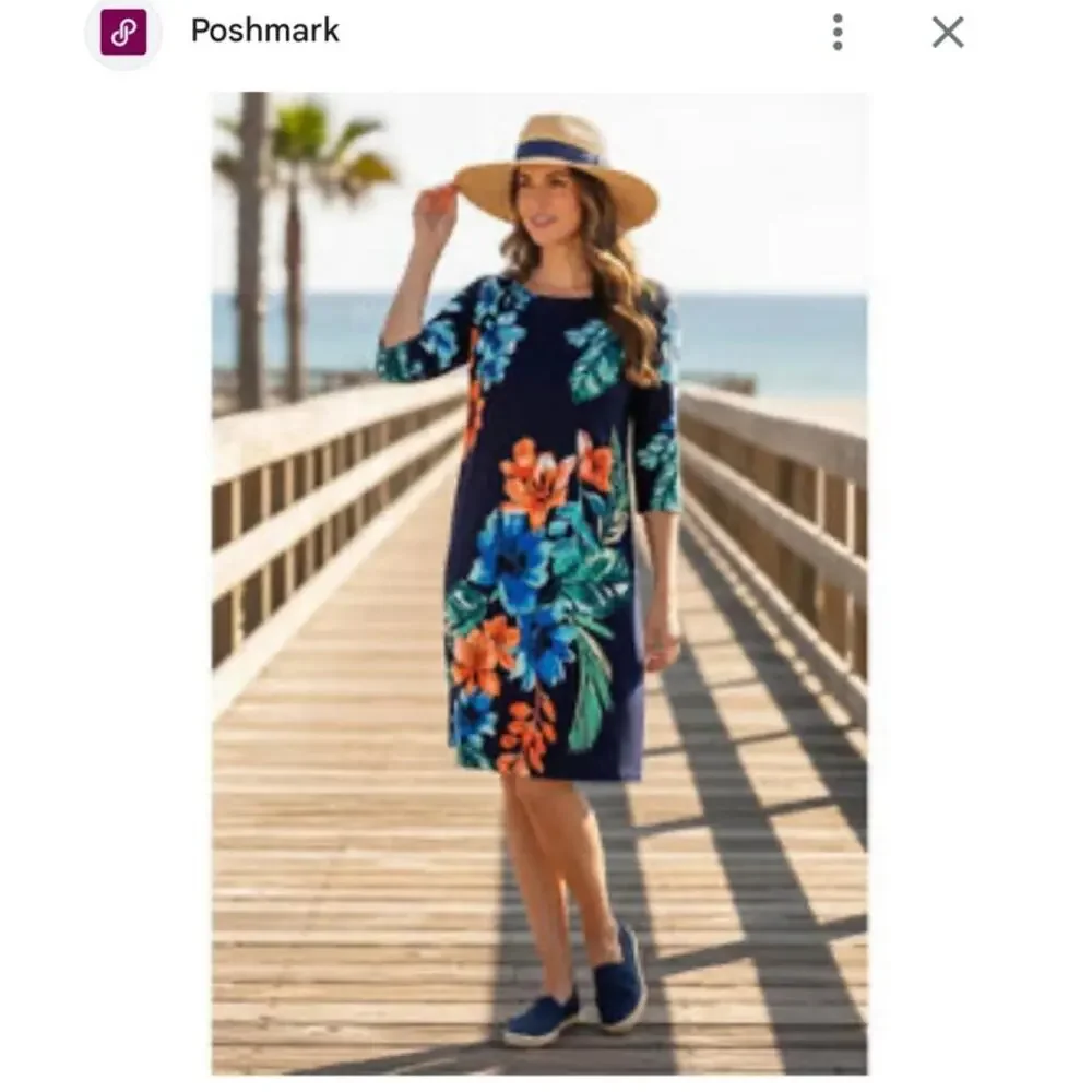 Tommy Bahama Tropical Shift Dress Small 3/4 Sleeve Resort Vacation Island Print